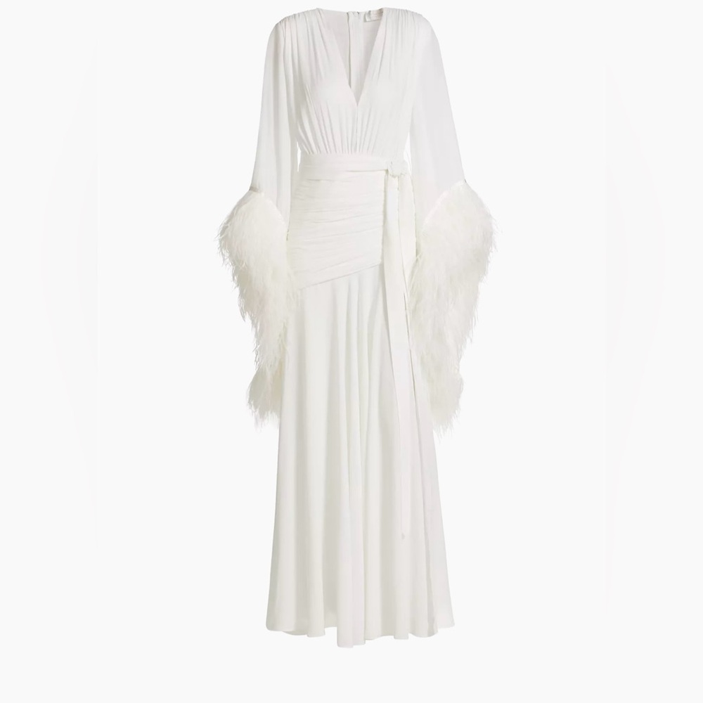 BRONX & BANCO WHITE MAX DRESS WITH FEATHERED SLEEVES